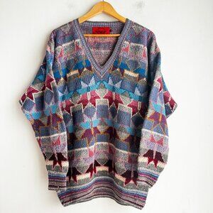 Vintage Minkha 100% Alpaca Wool Geometric Print Colourful Sweater XXL